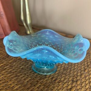 1950's Fenton Art Glass Hobnail Blue Opalescent Glass Handle Compote Candy Dish
